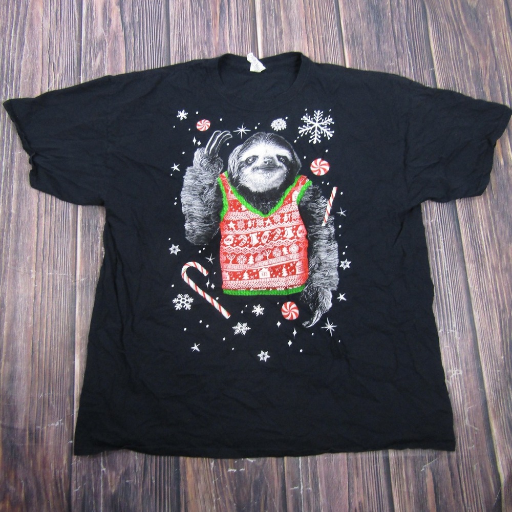 DEC.25th Sloth Christmas Shirt Mens 2XL Black Graphic Holiday T-Shirt Cotton